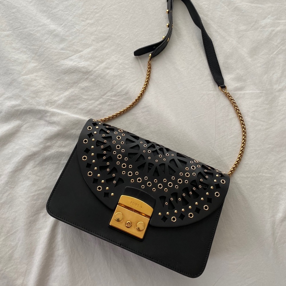 Furla black leather shoulder bag